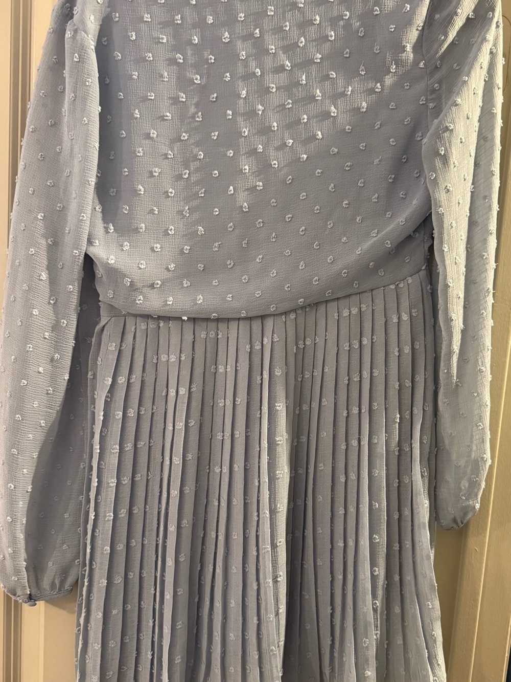 Lulu's Light Gray Swiss Dot Pleated Long-Sleeve Dress